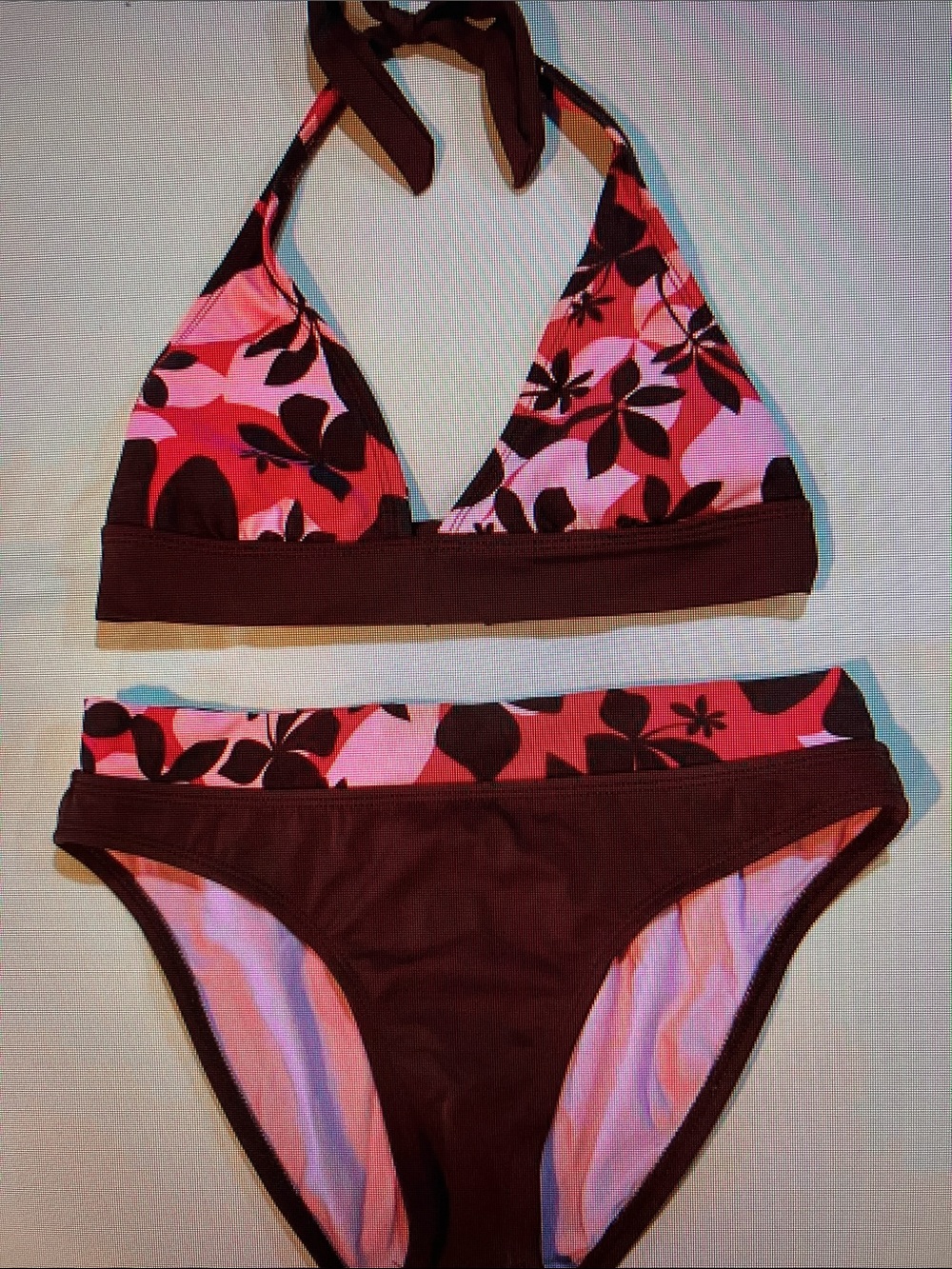 Women's Pink Floral Halter Bikini Set with Brown Trim - Picture 1 of 1